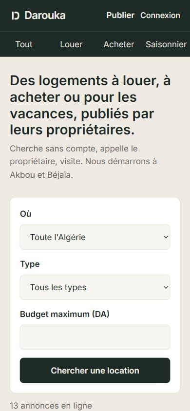 Accueil de Darouka : le bloc de recherche, puis les trois catégories Louer, Acheter et Saisonnier.