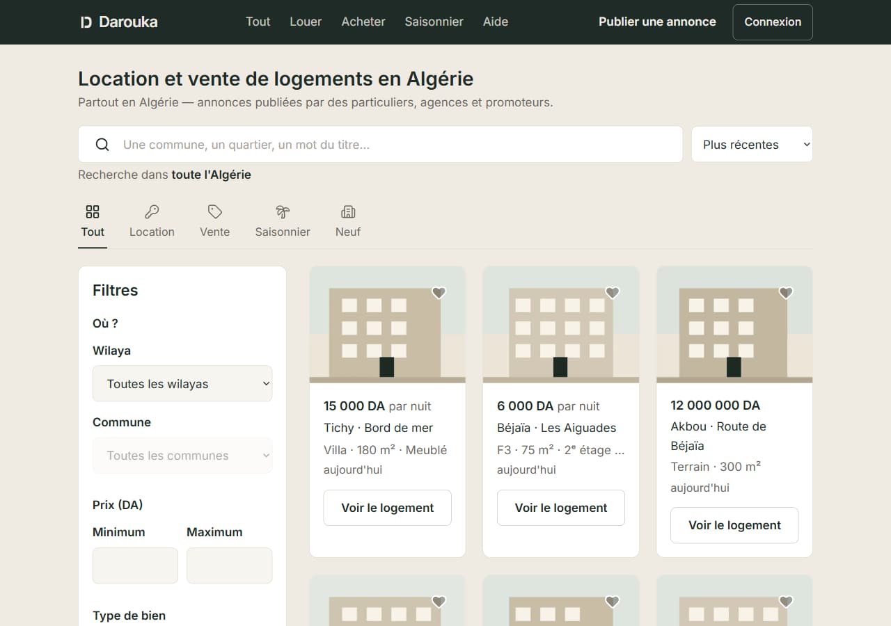 Liste des annonces : barre de recherche, onglets de catégorie et cartes d'annonces.