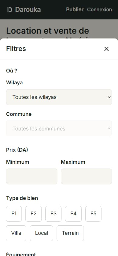 Les filtres : wilaya, commune, prix minimum et maximum, types de bien et équipement.