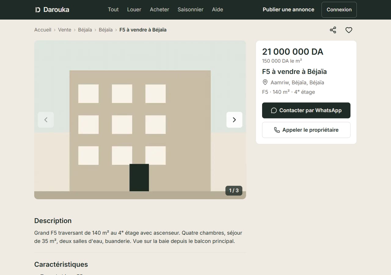 Haut d'une fiche annonce : galerie de photos, prix, titre, localisation et boutons de contact.