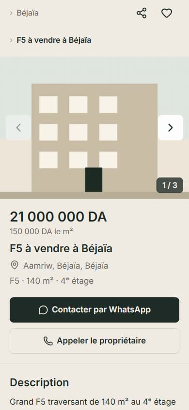 Haut d'une fiche annonce : galerie de photos, prix, titre, localisation et boutons de contact.
