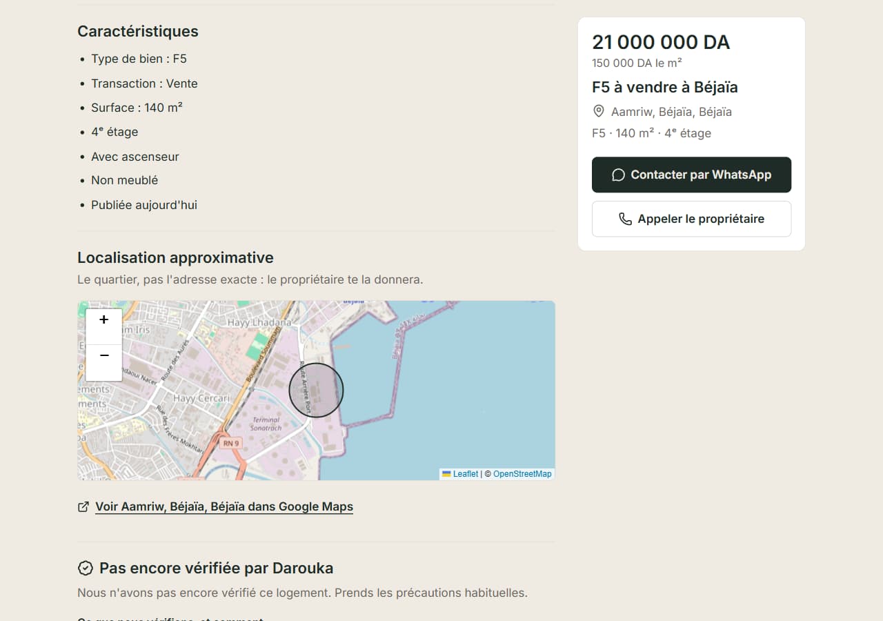 Milieu d'une fiche annonce : caractéristiques, carte de localisation approximative et bloc de vérification.