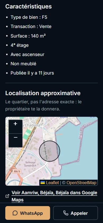 Milieu d'une fiche annonce : caractéristiques, carte de localisation approximative et bloc de vérification.