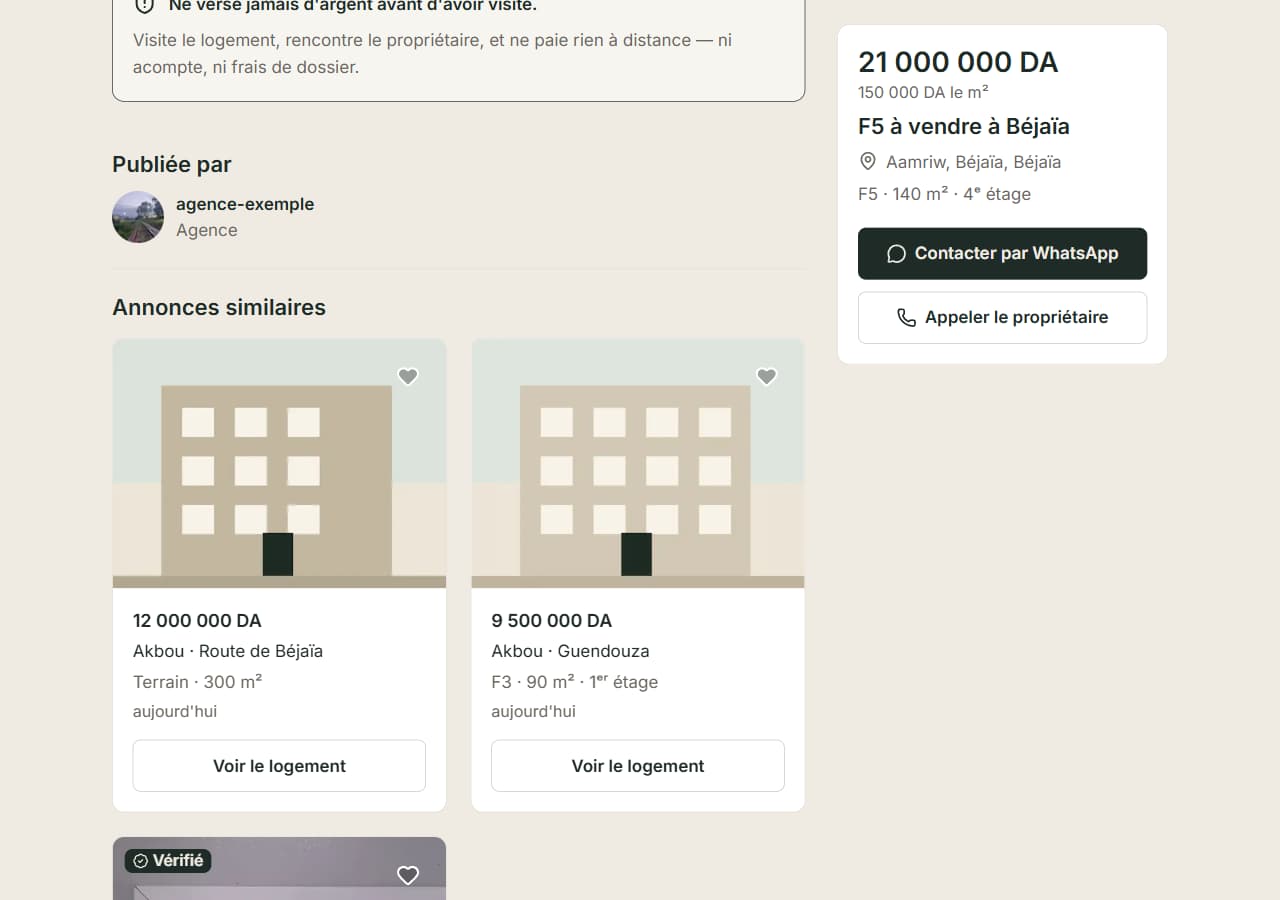 Bas d'une fiche annonce : rappel de sécurité, bloc « Publiée par », et le lien « Signaler cette annonce ».