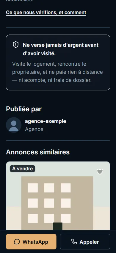 Bas d'une fiche annonce : rappel de sécurité, bloc « Publiée par », puis les annonces similaires.