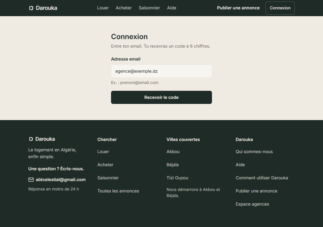 Écran de connexion : champ « Adresse email » et bouton « Recevoir le code ».