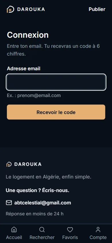 Écran de connexion : champ « Adresse email » et bouton « Recevoir le code ».