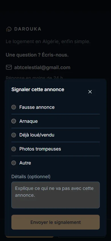 Fenêtre « Signaler cette annonce » : fausse annonce, arnaque, déjà loué ou vendu, photos trompeuses, autre.