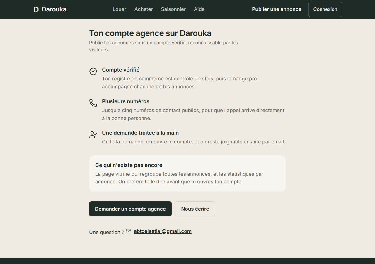 Page « Espace agences » : compte vérifié, plusieurs numéros, demande traitée à la main.