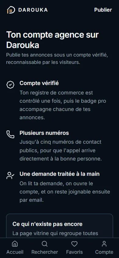 Page « Espace agences » : compte vérifié, plusieurs numéros, demande traitée à la main.