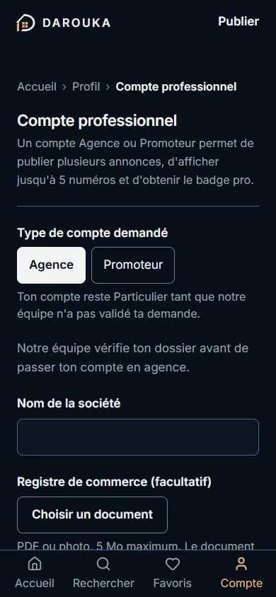 Formulaire de demande de compte professionnel : type demandé, nom de la société, registre de commerce et message.