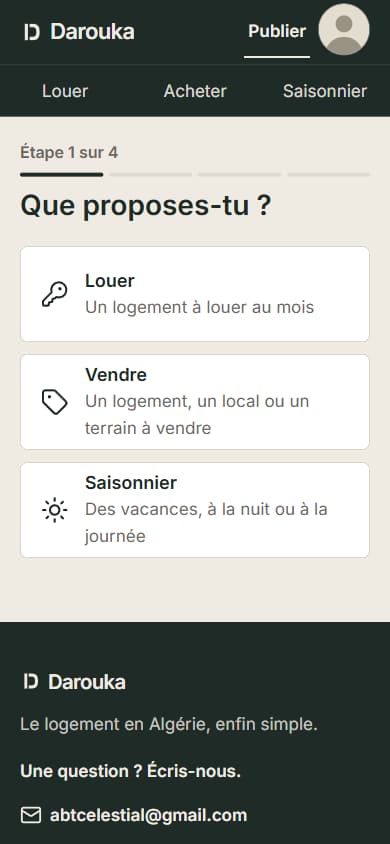 Étape 1 du formulaire de publication : Louer, Vendre ou Saisonnier.