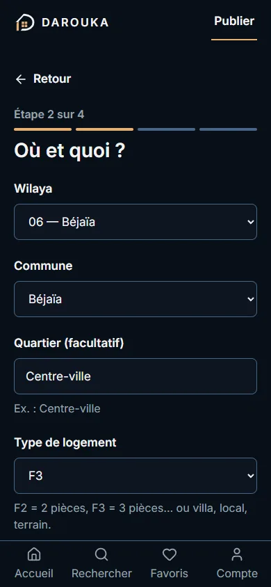 Étape 2 : wilaya, commune, quartier, type de logement, surface et étage.