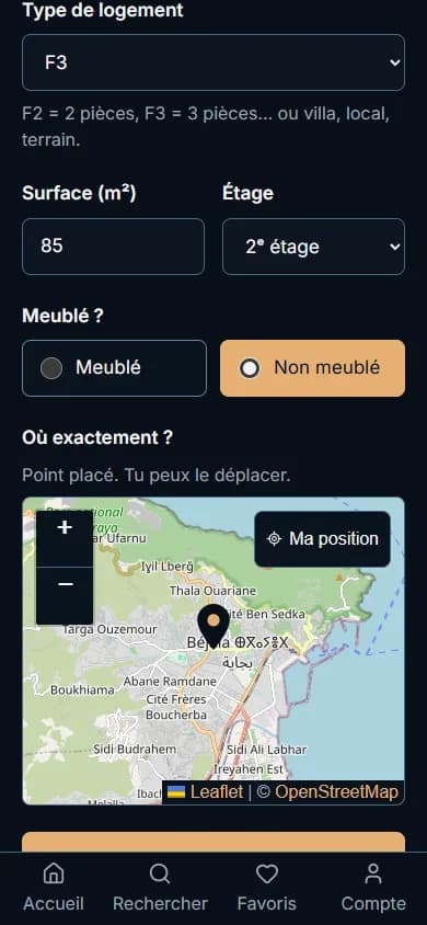 Bas de l'étape 2 : ascenseur, meublé, et la carte avec le point placé.