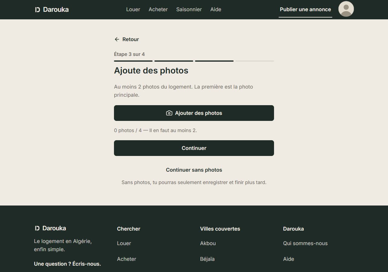 Étape 3 sans photo : bouton « Ajouter des photos » et compteur « 0 photos / 4 ».