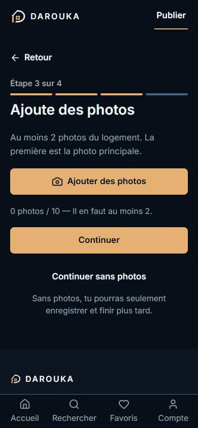 Étape 3 sans photo : bouton « Ajouter des photos » et compteur « 0 photos / 4 ».