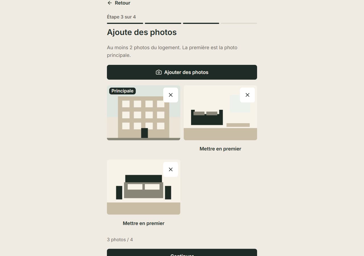 Étape 3 avec trois photos : la première porte le badge « Principale », les autres un bouton « Mettre en premier ».