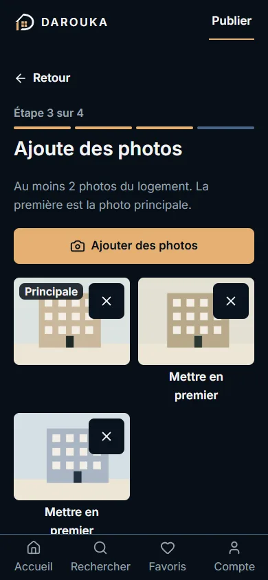 Étape 3 avec trois photos : la première porte le badge « Principale », les autres un bouton « Mettre en premier ».