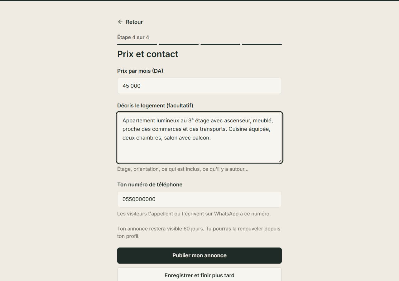 Étape 4 : prix, description, numéro de téléphone, et les boutons Publier et Enregistrer.
