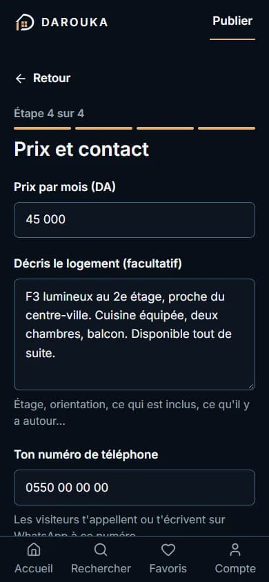 Étape 4 : prix, description, numéro de téléphone, et les boutons Publier et Enregistrer.