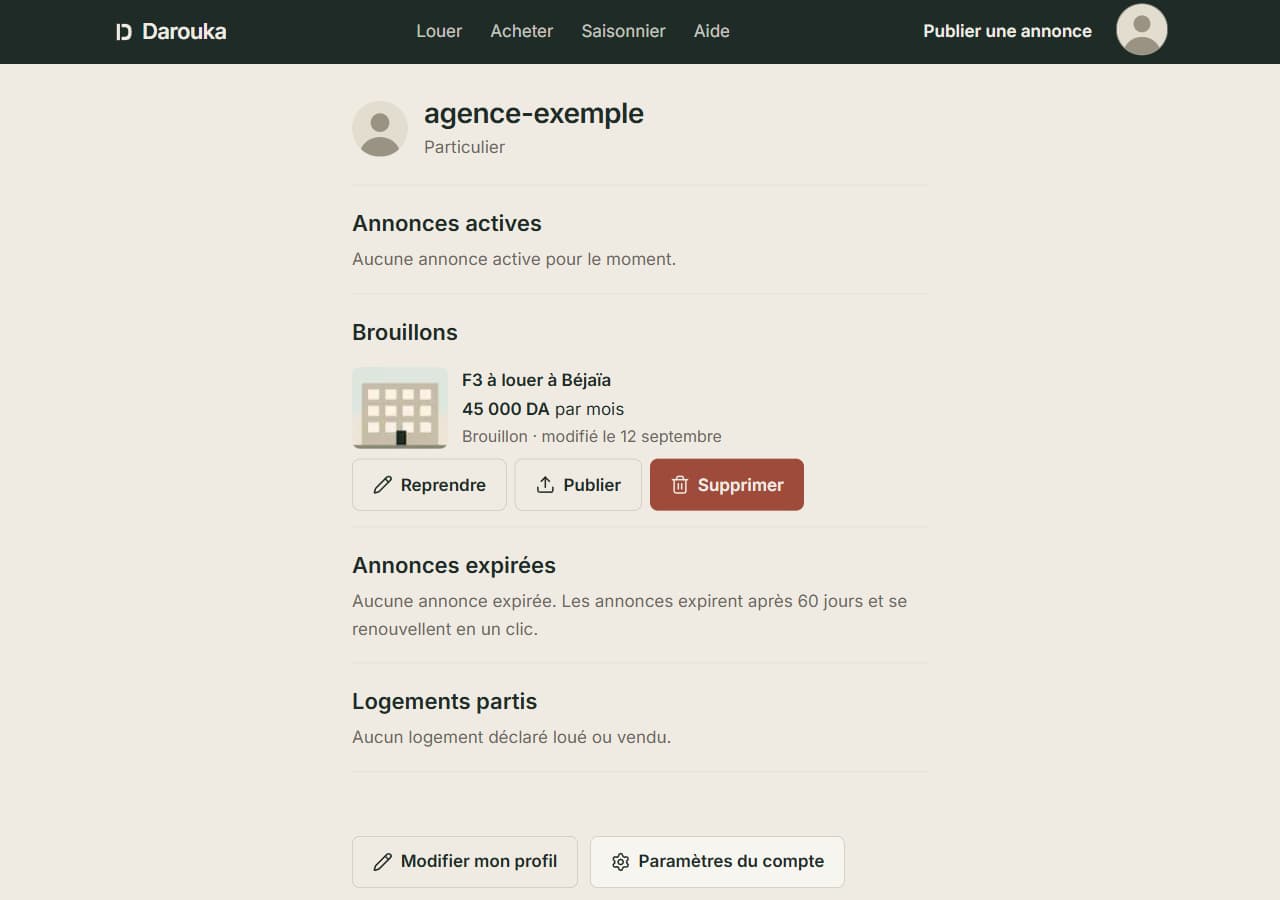 Page Profil : les quatre groupes d'annonces, et une carte de brouillon avec Reprendre, Publier et Supprimer.