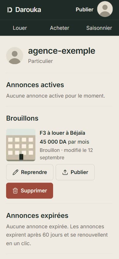 Page Profil : les quatre groupes d'annonces, et une carte de brouillon avec Reprendre, Publier et Supprimer.