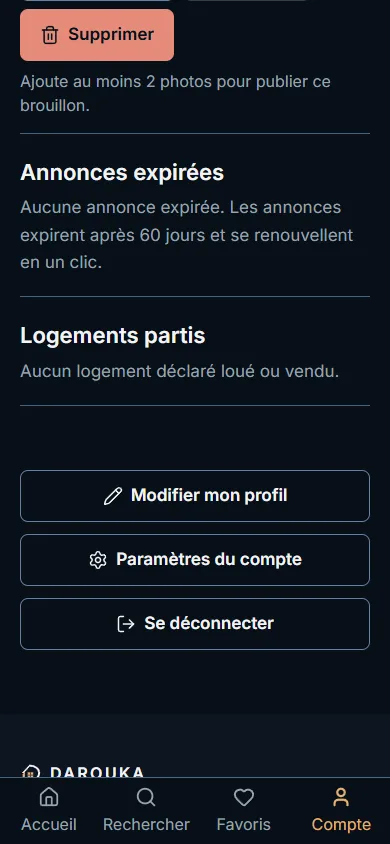 Bas de la page Profil : Modifier mon profil, Paramètres du compte, Se déconnecter ; « Compte » est actif dans la barre du bas.