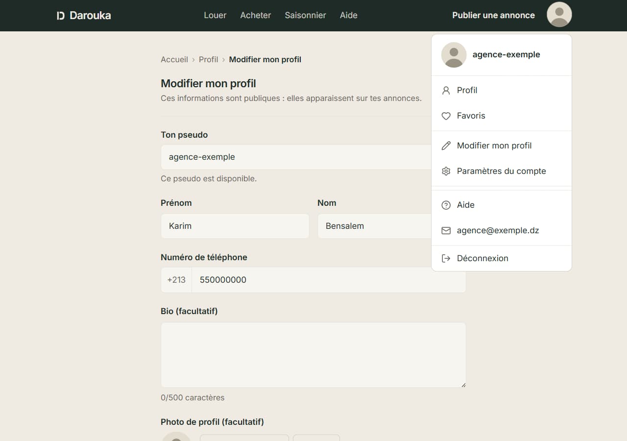 Menu de compte : Profil, Favoris, Modifier mon profil, Paramètres du compte, Aide, adresse du support, Déconnexion.