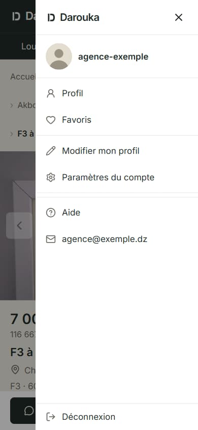 Menu de compte : Profil, Favoris, Modifier mon profil, Paramètres du compte, Aide, adresse du support, Déconnexion.