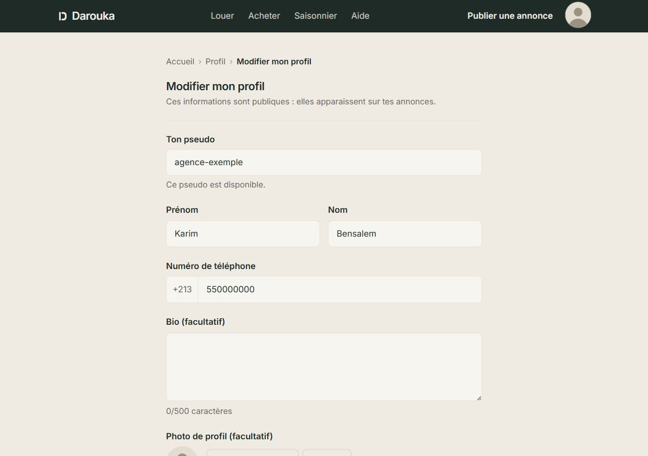 Formulaire « Modifier mon profil » : pseudo, prénom, nom, numéro de téléphone, bio et photo de profil.