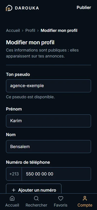 Formulaire « Modifier mon profil » : pseudo, prénom, nom, numéro de téléphone, bio et photo de profil.