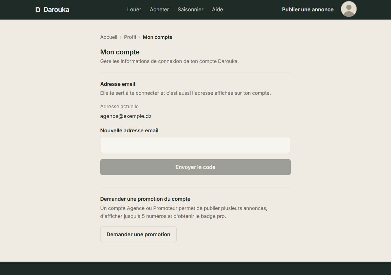 Page « Mon compte » : adresse email actuelle, champ de nouvelle adresse, et la demande de promotion du compte.