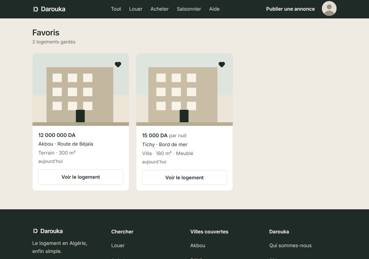 Page Favoris avec un logement gardé.