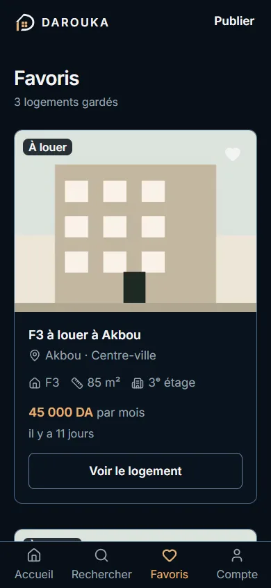 Page Favoris avec un logement gardé.