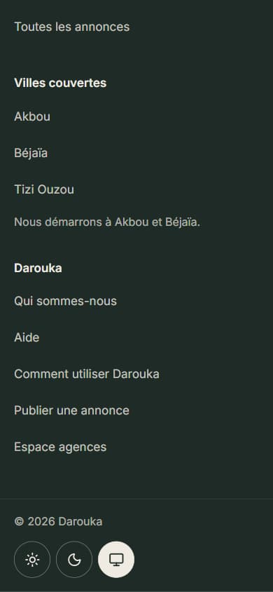 Pied de page : les liens du site et les trois boutons d'apparence.